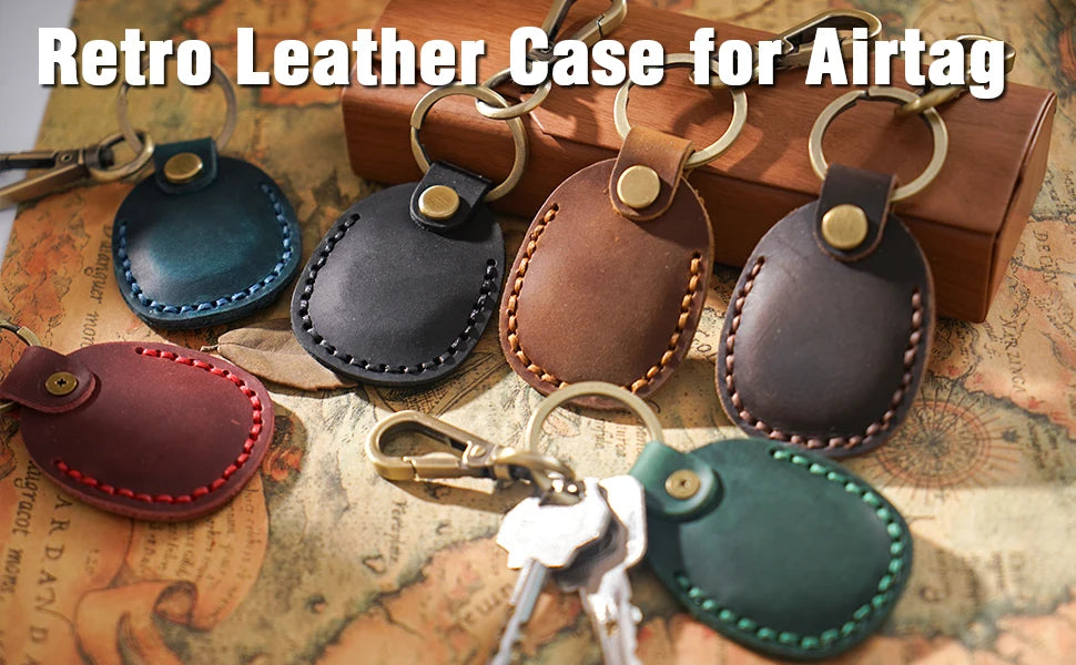 Airtag Holder Keychain — Genuine Leather Handmade Case, Scratch-Resistant Key Ring for Dog Collar & Luggage Cover