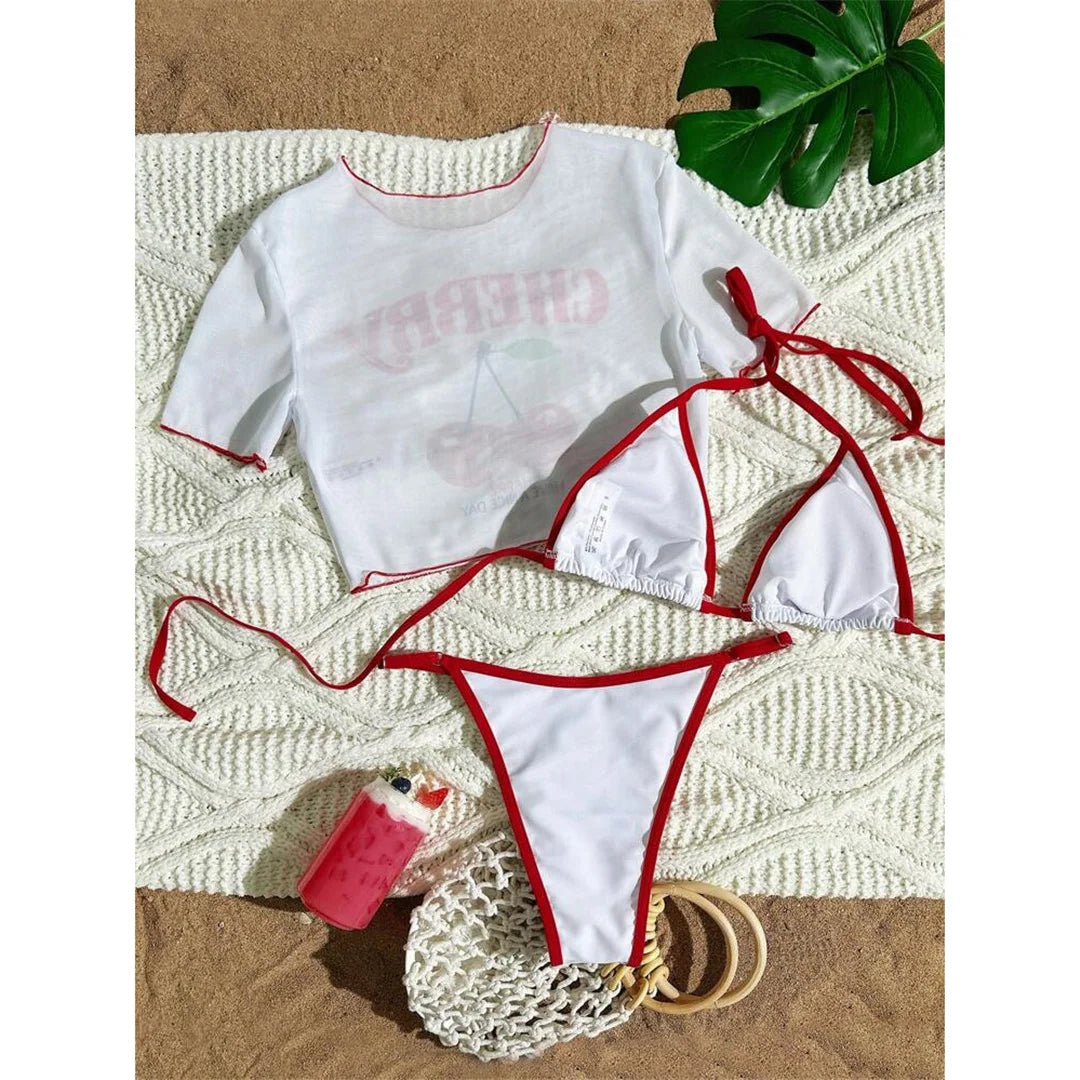 Women’s Cherry Print Three-Piece Bikini Set — Short Sleeve Swimsuit XS-L