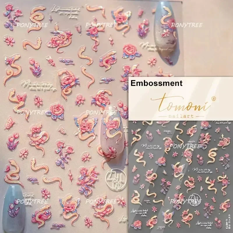 5D Gold Stamped Nail Art Stickers - Silver Sun Stars Snake Chinese Style Self-Adhesive Manicure Decals
