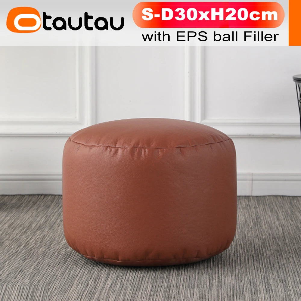 OTAUTAU Small Round Faux Leather Ottoman Stool – Beanbag Pouf Footstool, Floor Seat & Footrest JD004