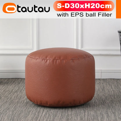 OTAUTAU Small Round Faux Leather Ottoman Stool – Beanbag Pouf Footstool, Floor Seat & Footrest JD004