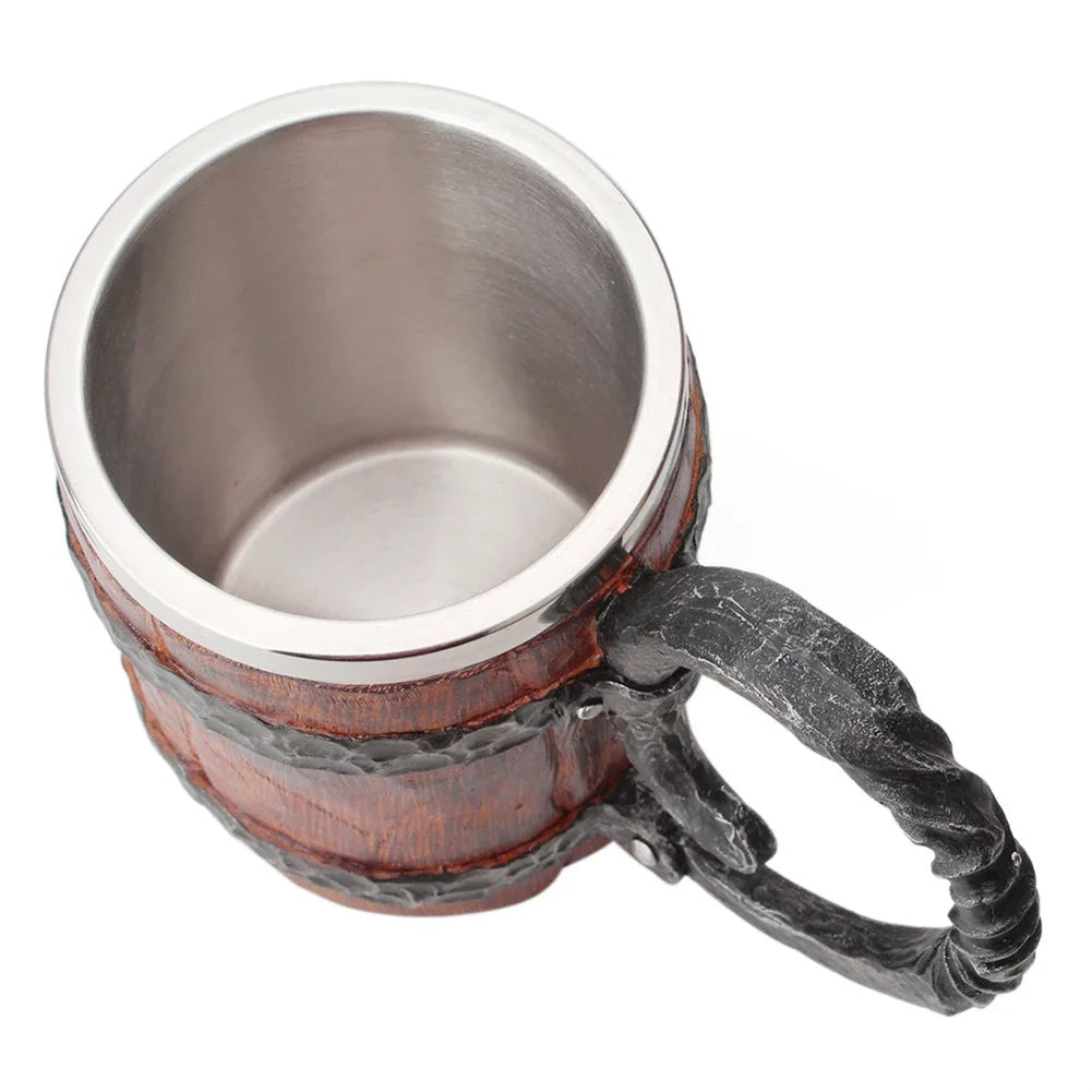 Viking-Style Wooden Beer Mug – Insulated Metal Barrel Cup for Drinks (1PCS)