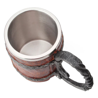 Viking-Style Wooden Beer Mug – Insulated Metal Barrel Cup for Drinks (1PCS)
