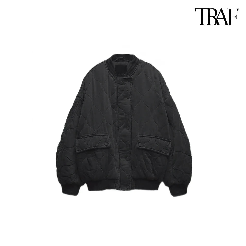 TRAF Women’s Quilted Aviator Jacket – Solid Color Round Collar Long Sleeve Casual Coat