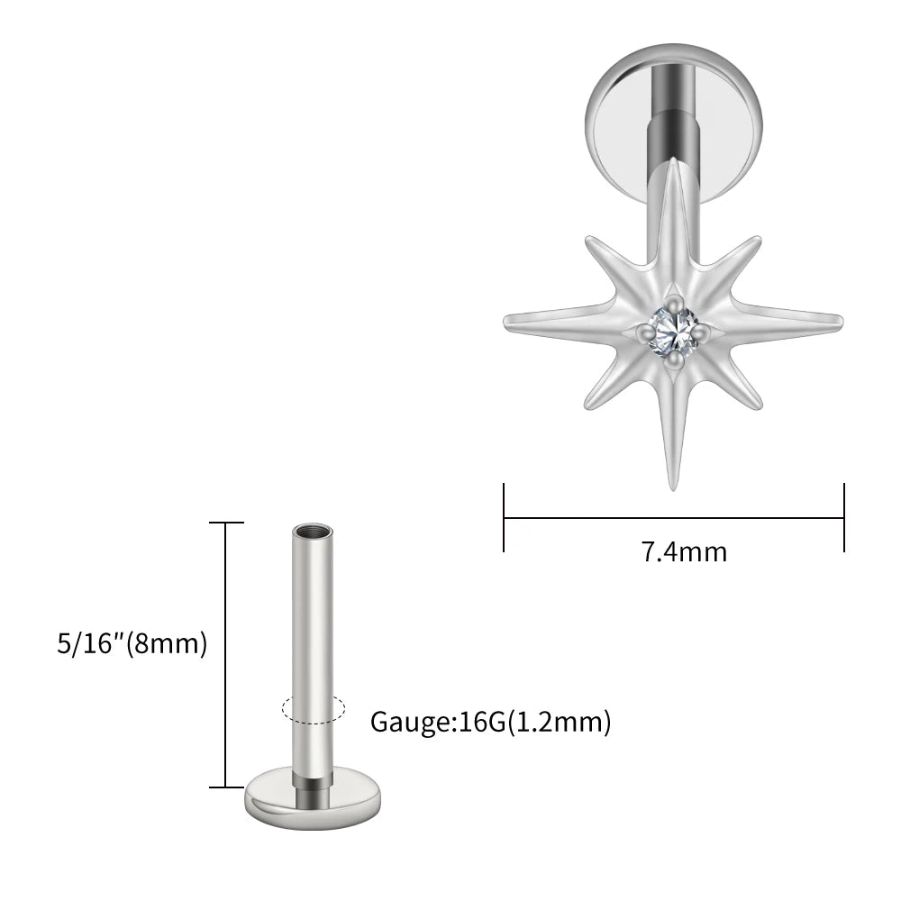 Right Grand ASTM F136 Titanium CZ North Star 16G Flat Back Earring – Tiny Starburst Helix, Cartilage & Earlobe Stud Piercing Jewelry