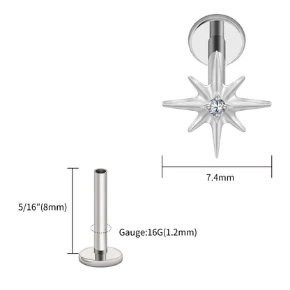 Right Grand ASTM F136 Titanium CZ North Star 16G Flat Back Earring – Tiny Starburst Helix, Cartilage & Earlobe Stud Piercing Jewelry