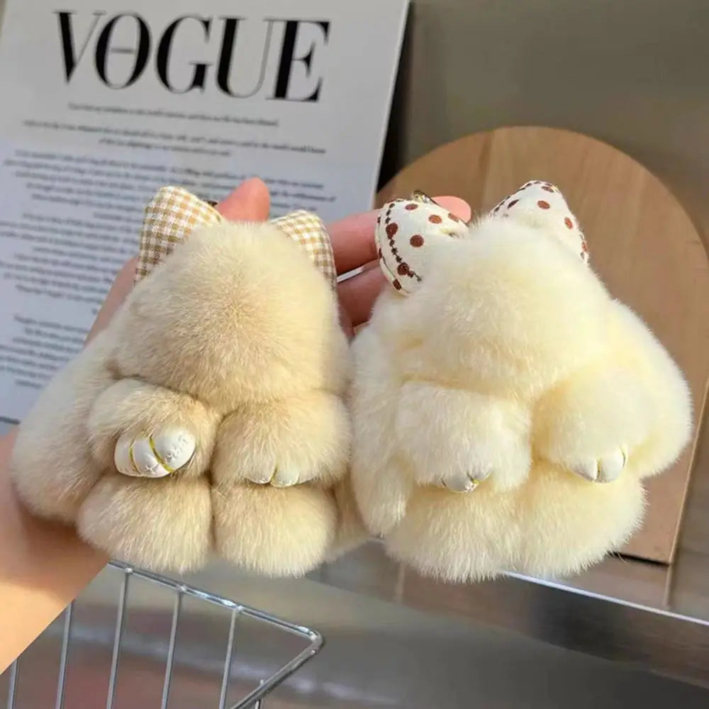Cute Fluffy Bunny Fur Keychain – Plush Pom Pom Bag Charm and Car Key Ring with Hair Bow