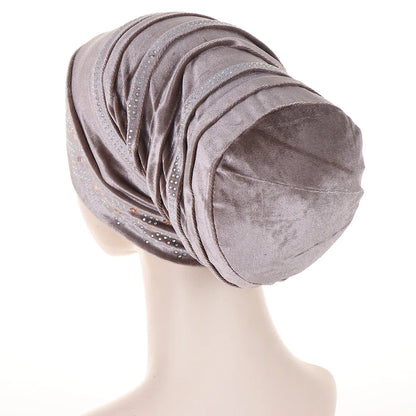 Women’s Glitter Diamond Turban Cap - Soft Velvet Pleated Head Wrap Muslim Headscarf Bonnet Beanie Cap