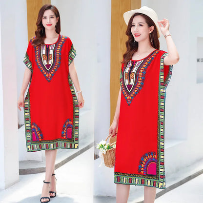Fdfklak Ethnic Style Nightdress - Mid-Length Sleeveless Summer Sleepwear Loose Beach Nightgown for Women