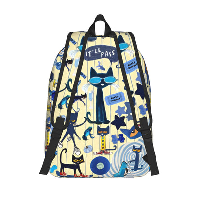 Pete The Cat Casual Backpack - Cartoon Student Laptop Shoulder Bag With Pocket For Men And Women
