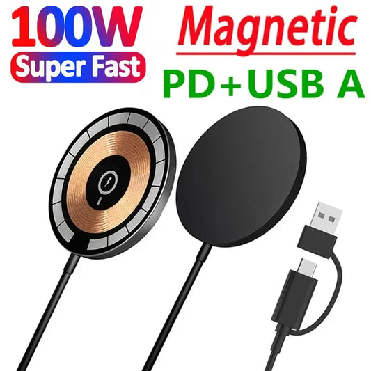 100W Magnetic Wireless Charger Pad — Fast PD Charging for iPhone 15/14/13 Pro Max, AirPods & MacSafe Portable Station