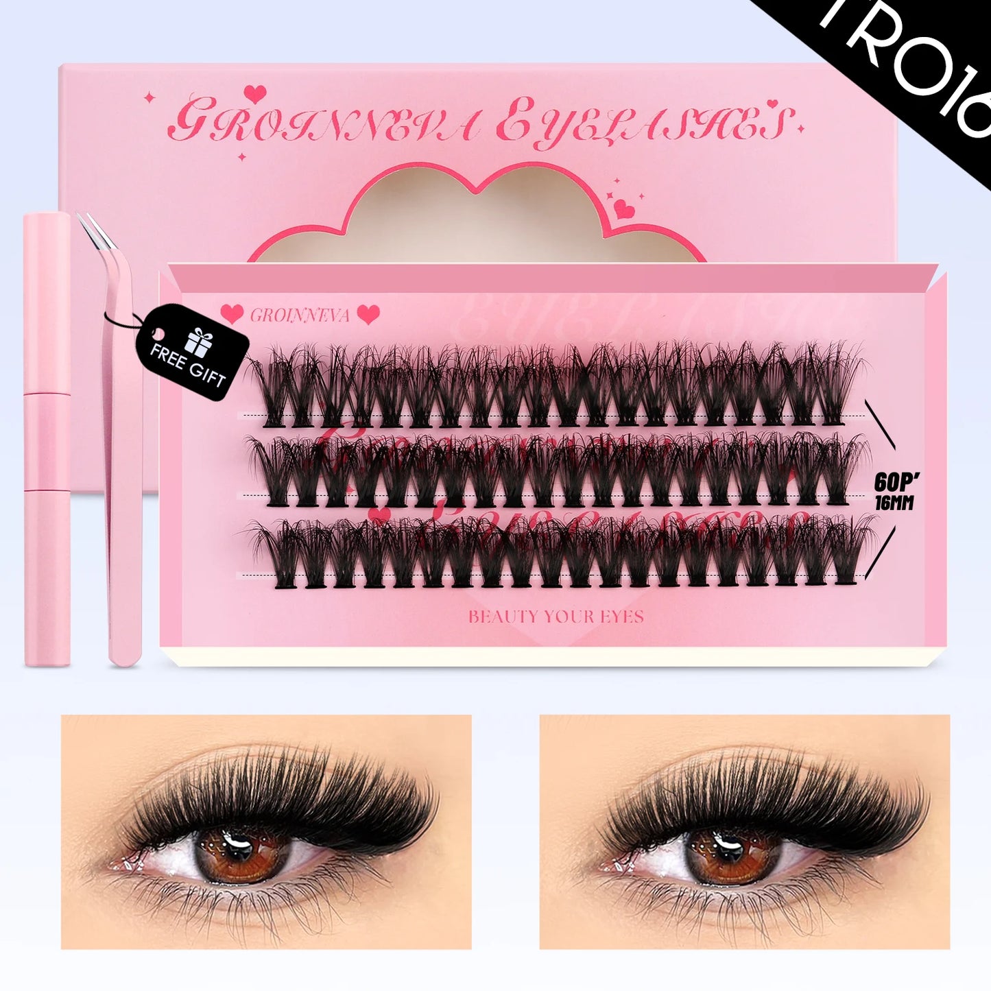 GROINNEYA Cat Lash Clusters Kit – 640pcs with Lash Bond & Seal, DIY Eyelash Extensions for Home Use