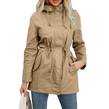 Women’s Hooded Trench Coat - Fitted Solid Color Jacket for Spring, Autumn & Outdoor Wear