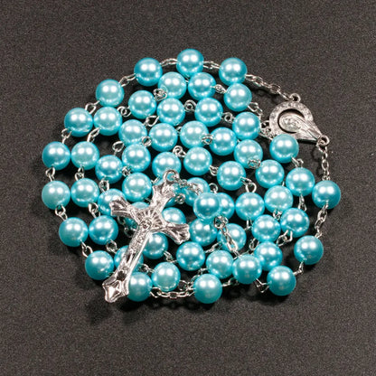 Faux Pearl Rosary Necklace – Virgin Mary & Jesus Cross Pendant Long Bead Chain Religious Fashion Jewelry for Women