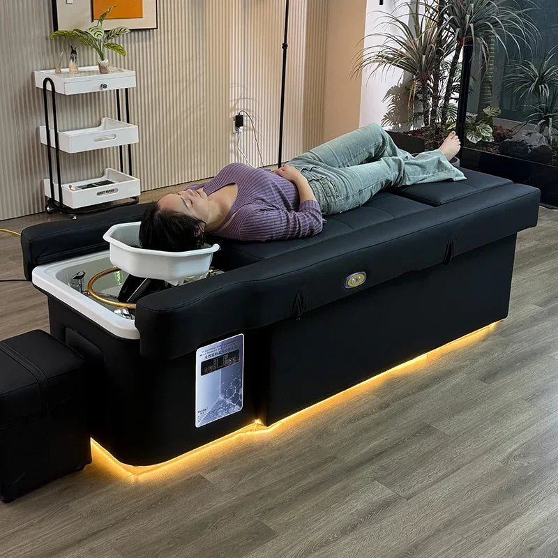 Modern Beauty Salon Shampoo Bed with Back Lift, Massage Headrest & Foot Spa Pedicure Station