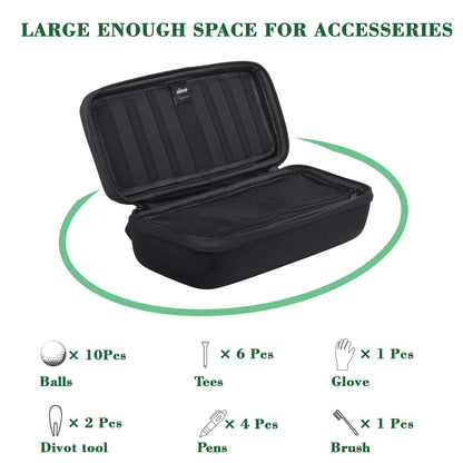 Golf Ball Storage Box & Glove Holder – Accessory Protect Case with Tees, Divot Tool & Valuables Pouch, Includes Hook