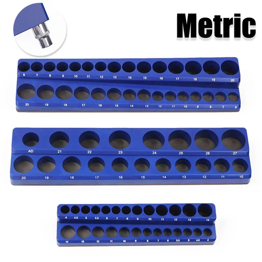 Blue Magnetic Socket Storage Rack - 1/4", 3/8" & 1/2" Drive Metric Tool Organizer Holder