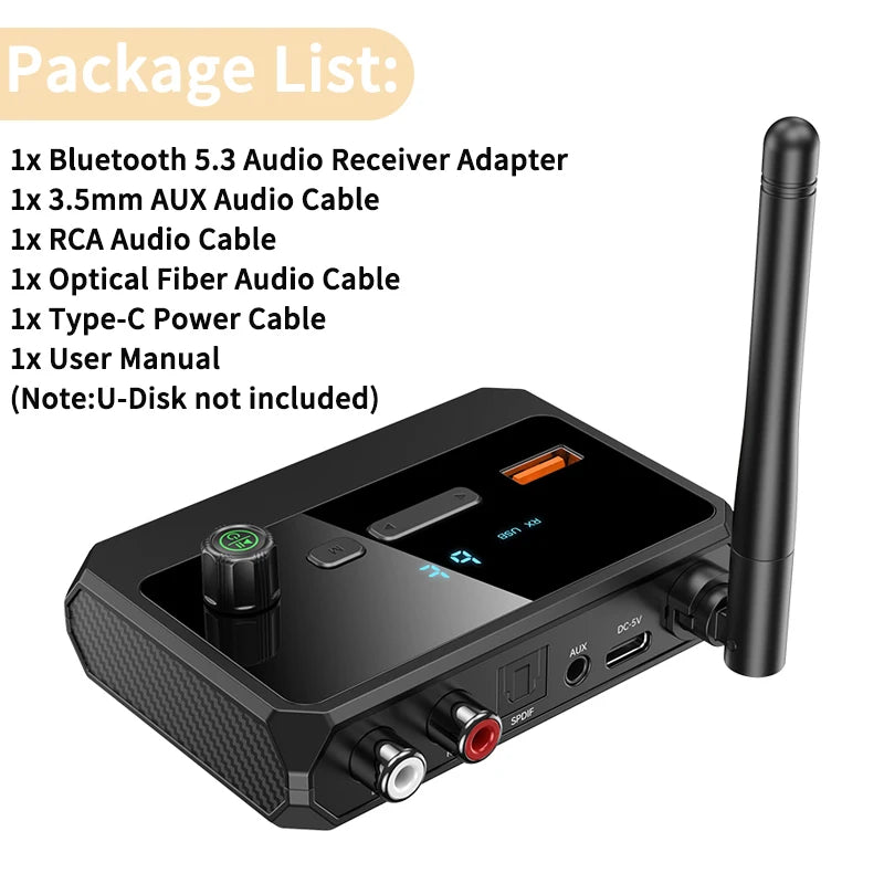 Bluetooth 5.3 Audio Receiver Adapter – USB, RCA, 3.5mm AUX & Optical Wireless Music Player for Car & Home Speakers