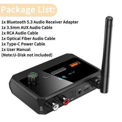 Bluetooth 5.3 Audio Receiver Adapter – USB, RCA, 3.5mm AUX & Optical Wireless Music Player for Car & Home Speakers