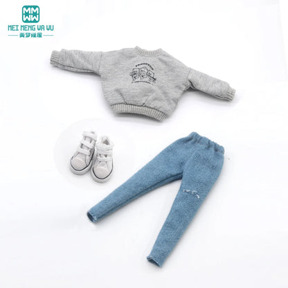 Blythe Doll Clothes – Fashion Tops, Black & White Shirts with Jeans & Plaid Pants for Azone OB22/OB24 Dolls