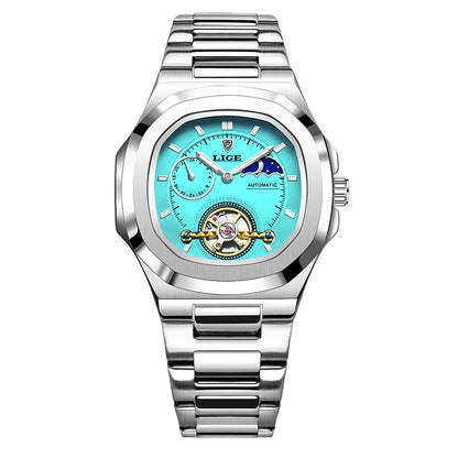 LIGE Dual Seconds Tourbillon Watch – Men's Stainless Steel Mechanical Timepiece, 24H, Night Glow, Waterproof
