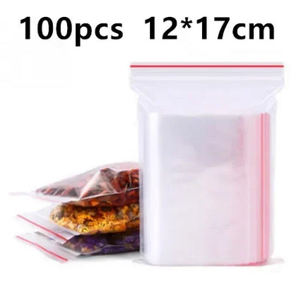 100pcs 50 Micron Clear PE Zip Lock Bags – Reclosable Plastic Pouches for Candy, Cookies & Dried Fruits