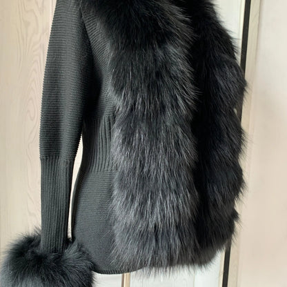 Women’s Spring & Autumn Sweater Cardigan – Real Fox Fur Collar Jacket, Natural Fur Outerwear