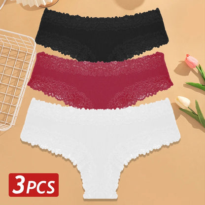 3PCS Women’s Cotton Lace Panties Set - Low Waist Brazilian Bikini Underwear Soft Floral Lingerie T-Back Style