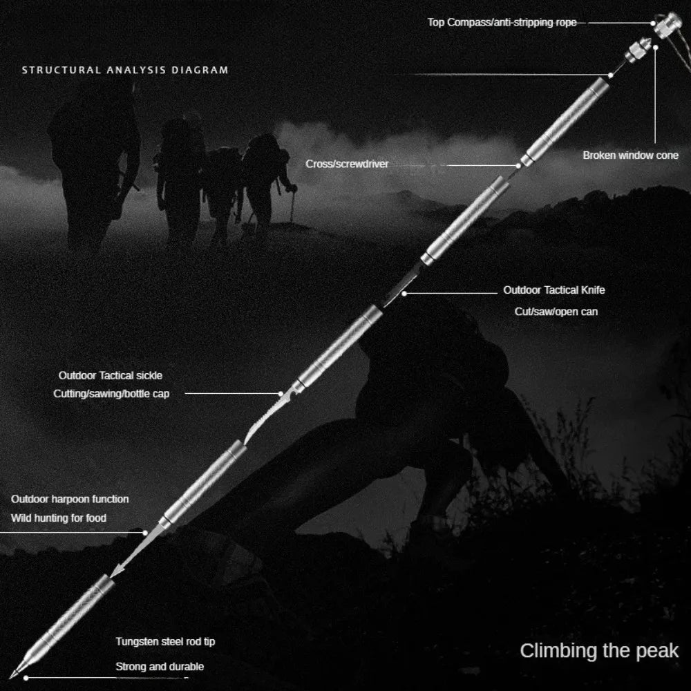 Professional Outdoor Mountaineering Stick – Multi-Function Metal Hiking & Survival Tool for Camping, Travel, and Self-Defense