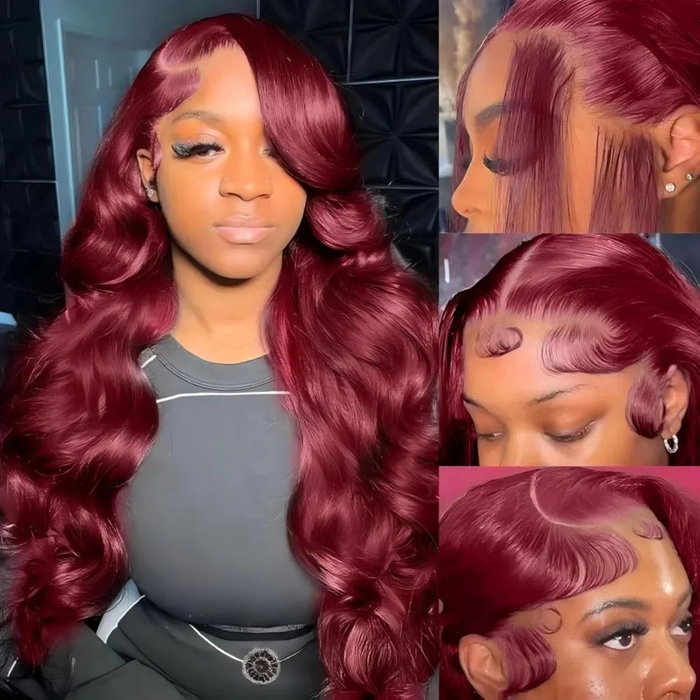 99J Burgundy Lace Frontal Wig – 13x6 Body Wave HD Transparent Lace Front Human Hair, Pre-Plucked 99J Red Color