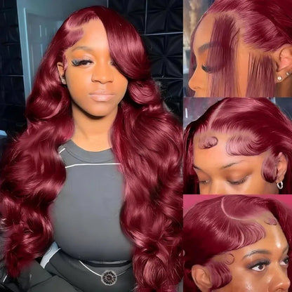 99J Burgundy Lace Frontal Wig – 13x6 Body Wave HD Transparent Lace Front Human Hair, Pre-Plucked 99J Red Color
