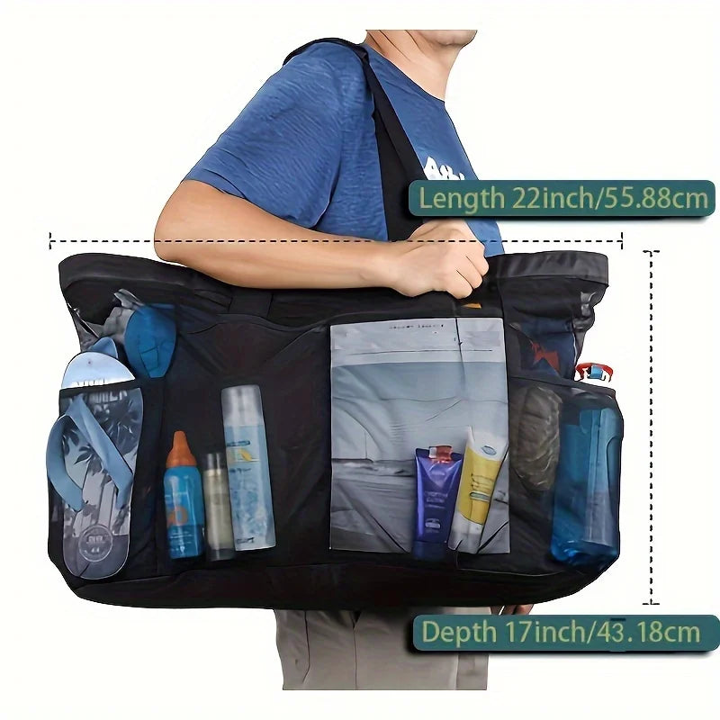 Extra Large Beach Bag - Lightweight, Waterproof, Foldable with Mesh Straps, Zippered Pockets & Fixed Shoulder Straps