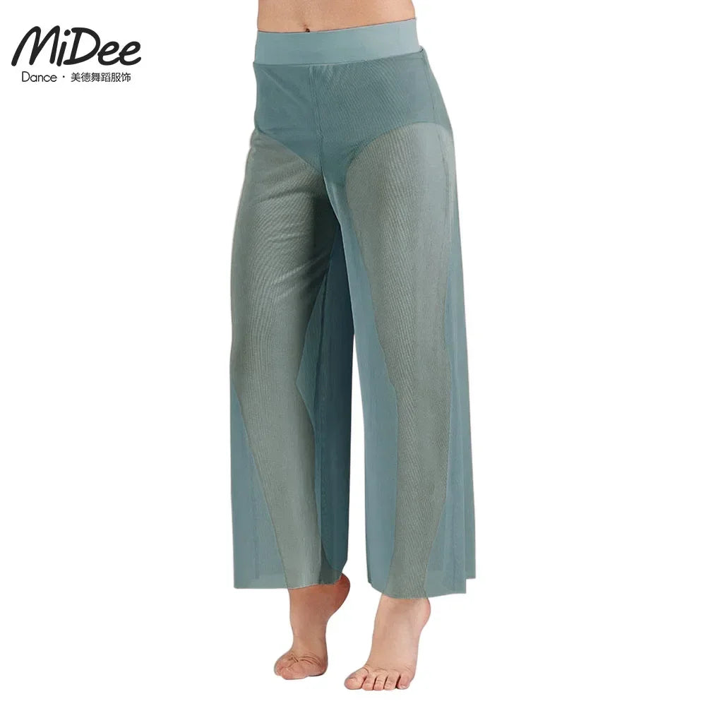 Women’s Lyrical Mesh Wide Leg Dance Pants – High Waist Modern Ballet Palazzo Trousers Contemporary Dance Costume Plus Size