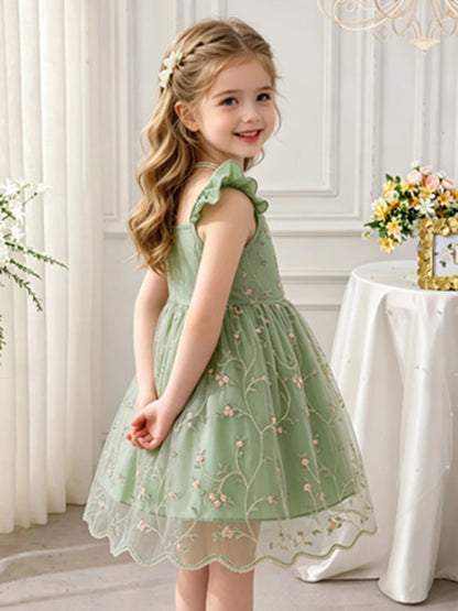 Girls’ Green Floral Tulle Princess Dress - Flutter Sleeve Puffy Skirt Summer Party Dress