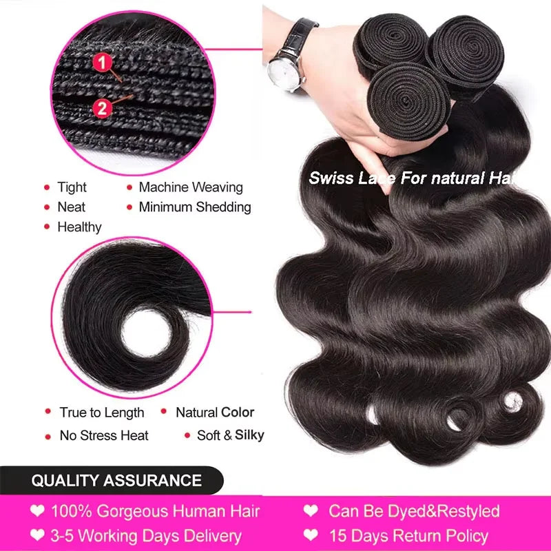 38 40 Inch Loose Body Wave Brazilian Hair Bundles – 1/3/4 PCS Water Wave Raw Human Hair Extensions, Black