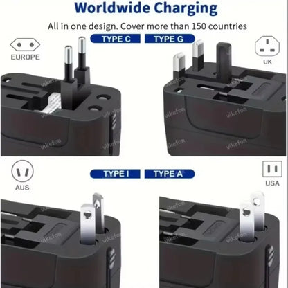 All-in-One Foldable Universal Travel Adapter – EU, UK, US, AU Power Charger with Dual USB 2.1A Ports and Outlet Converter Socket