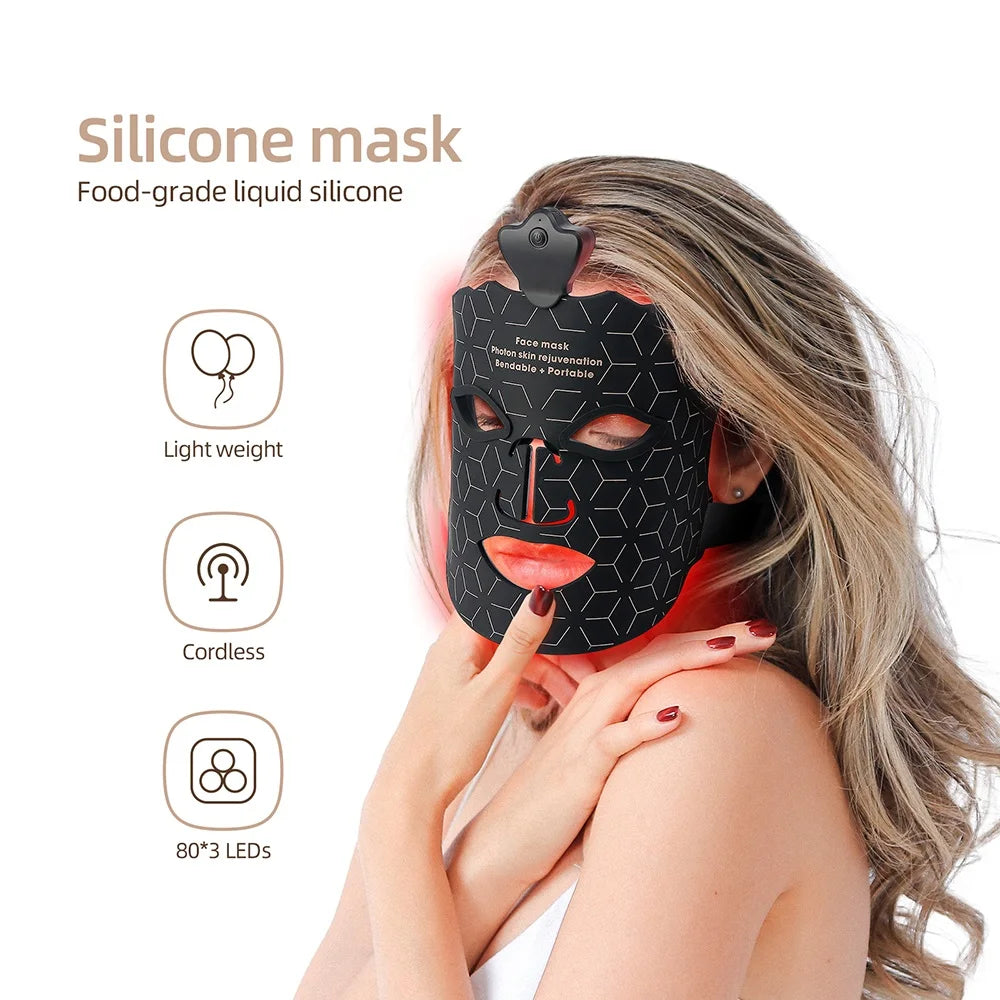 7-Color Photon Silicone LED Face Mask — 3D Facial Beauty Device with Red Light Therapy for Skin Repair & Brightening, Wireless Use