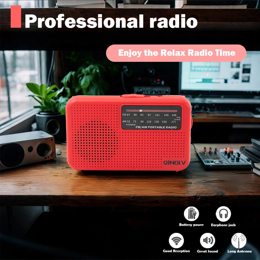 Mini FM/AM Two-Band Radio — 1W Loud Speaker with 3.5mm Headphone Jack & 180° High-Performance Antenna for Home Use
