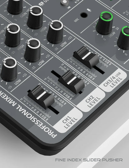 4-Channel Audio Mixer — USB Studio Mixer with 48V Phantom Power & Bluetooth for DJ & Karaoke