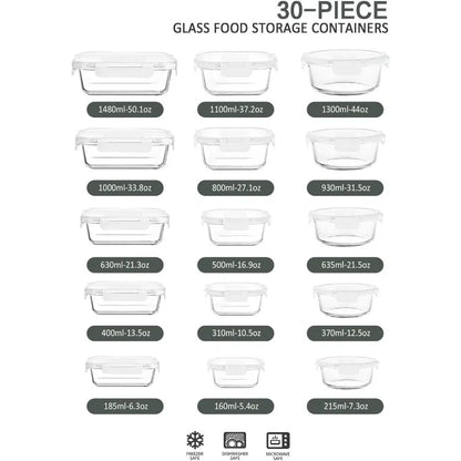 30-Piece Glass Food Storage Container Set — Airtight Meal Prep Containers with Upgraded Snap-Lock Lids, Oven Safe