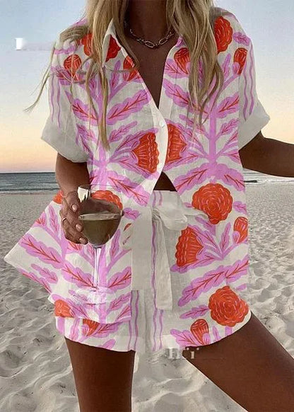 Women’s Summer 2-Piece Set – Lapel Short-Sleeve Shirt & Shorts, Elegant Loose Printed Outfit