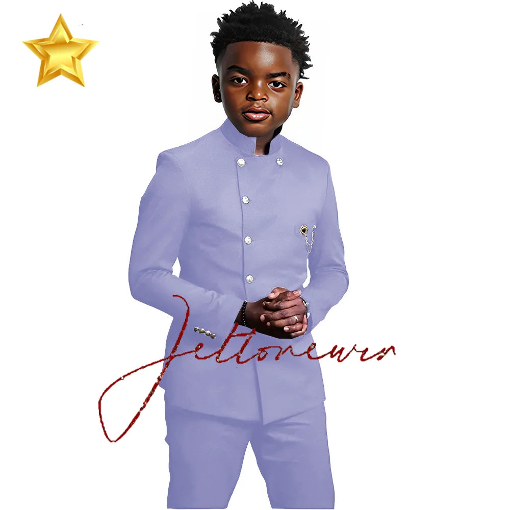 African Style Boys Suit - Stand Collar Blazer and Pants 2 Piece Casual Business Kids Formal Wear