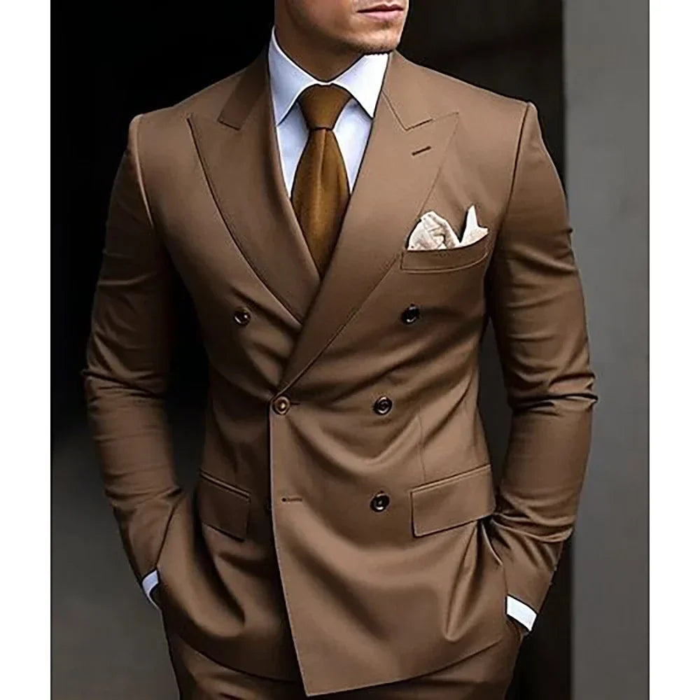 Men's Brown Double Breasted Suit - Slim Fit Peaked Lapel Formal Blazer & Trousers Set For Business and Wedding Wear