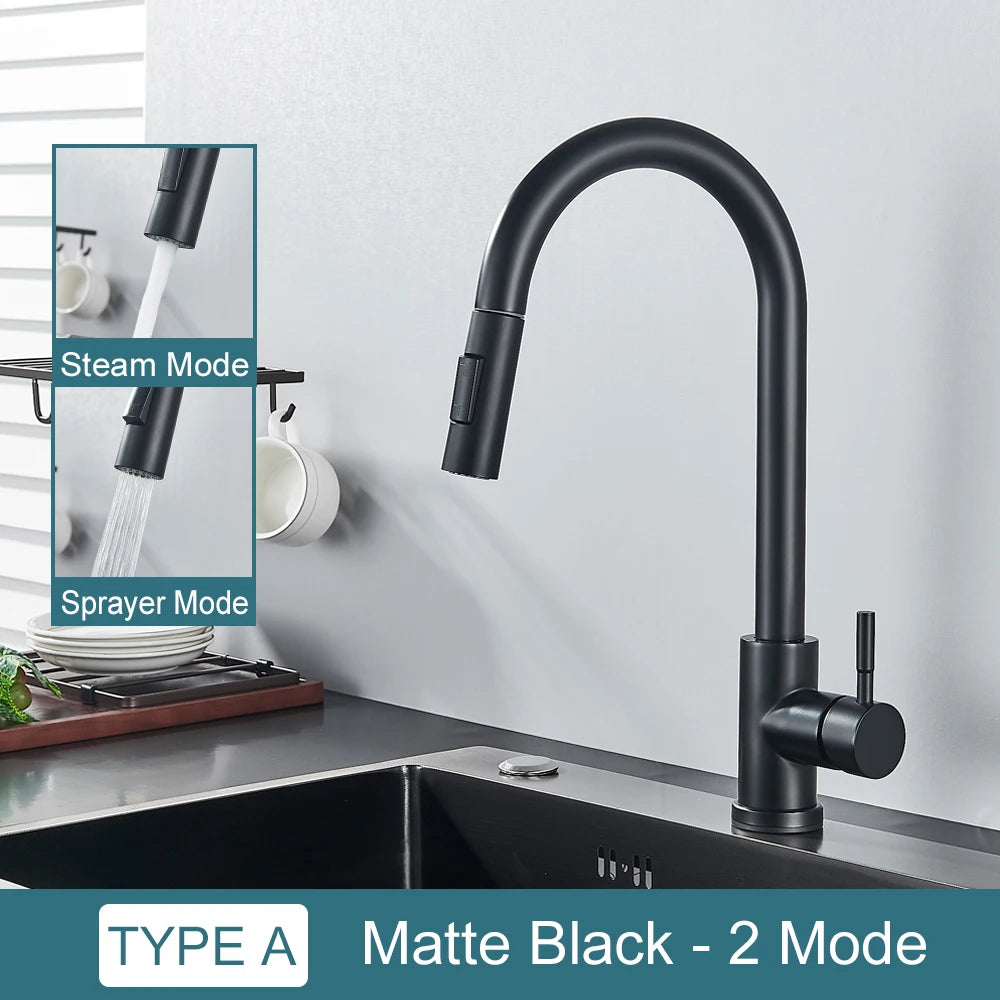 Black Kitchen Faucet - Two-Function Single Handle Pull-Out Mixer Tap with Hot & Cold Water, Deck Mounted