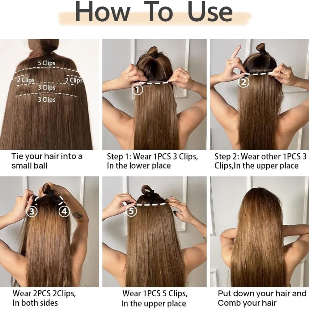 Black Hair Extensions: 24"/60cm 140g 6pcs/set Women's Long Straight Synthetic Full Head Clip - 16 Clips, Ombre, Heat-Resistant Fiber