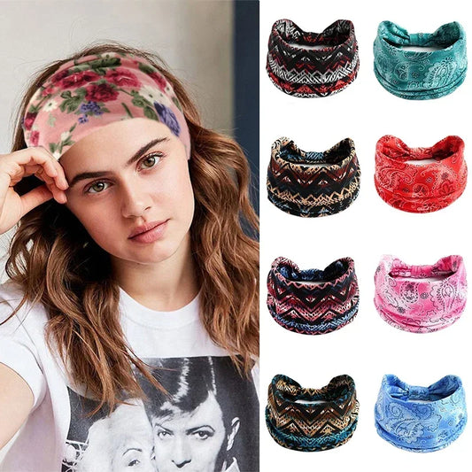 Bohemian Wide Cotton Stretch Headbands for Women – Turban Style Hairbands, Bandana Headwrap Hair Accessories