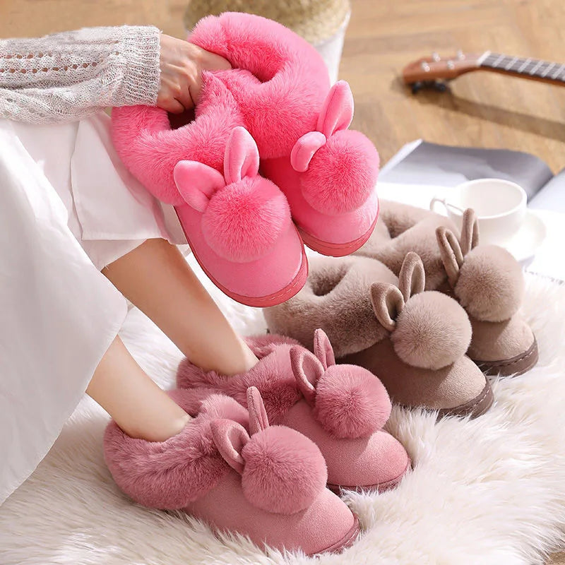 Unisex Winter Plush Slippers – Thick Sole Cozy Faux Rabbit Fur Indoor Slides with Closed Back for Couples