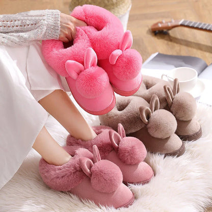 Unisex Winter Plush Slippers – Thick Sole Cozy Faux Rabbit Fur Indoor Slides with Closed Back for Couples