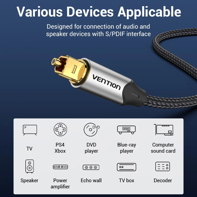 Vention Digital Optical Audio Cable – Toslink SPDIF Coaxial, 1m/2m for Amplifiers, Blu-ray, Xbox 360, PS4, Soundbar, Fiber Cable
