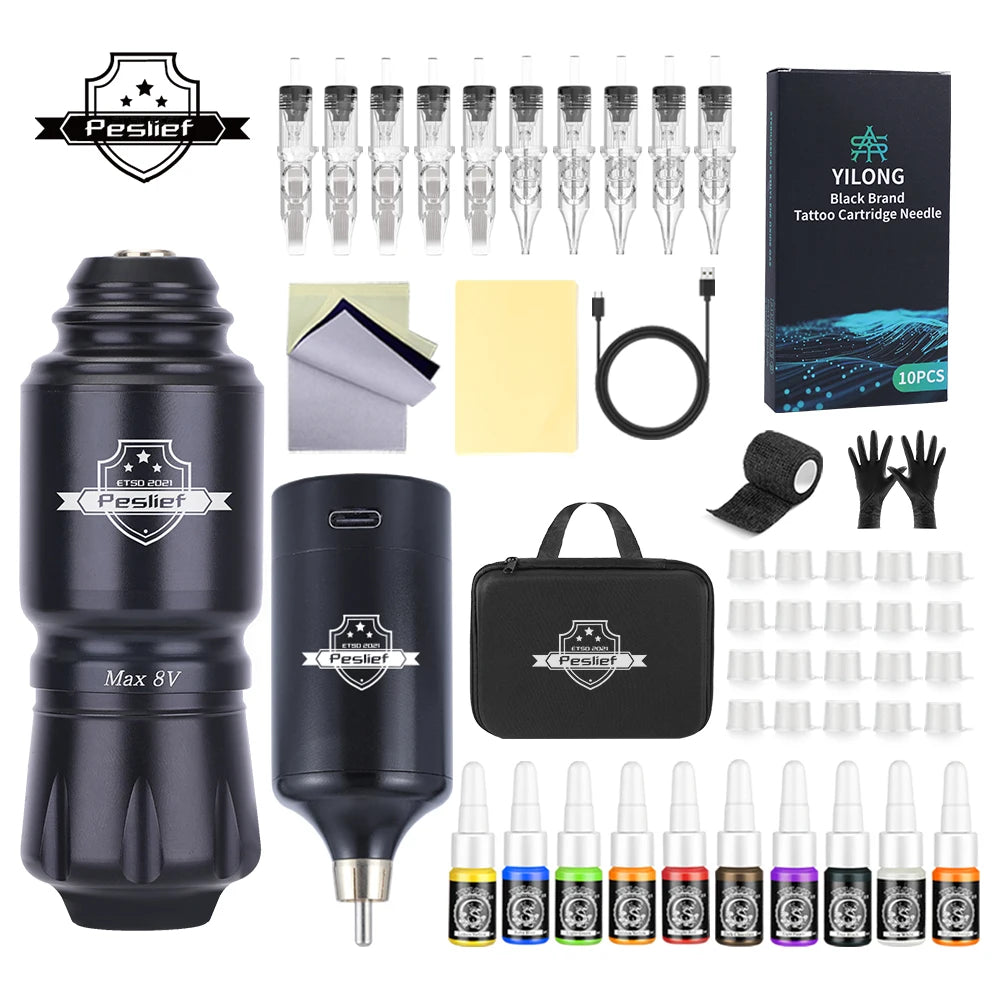 Rotary Wireless Tattoo Machine Kit – Complete Set with 10PCS Cartridge Needles, Permanent Makeup Tool for Tattoo Artists